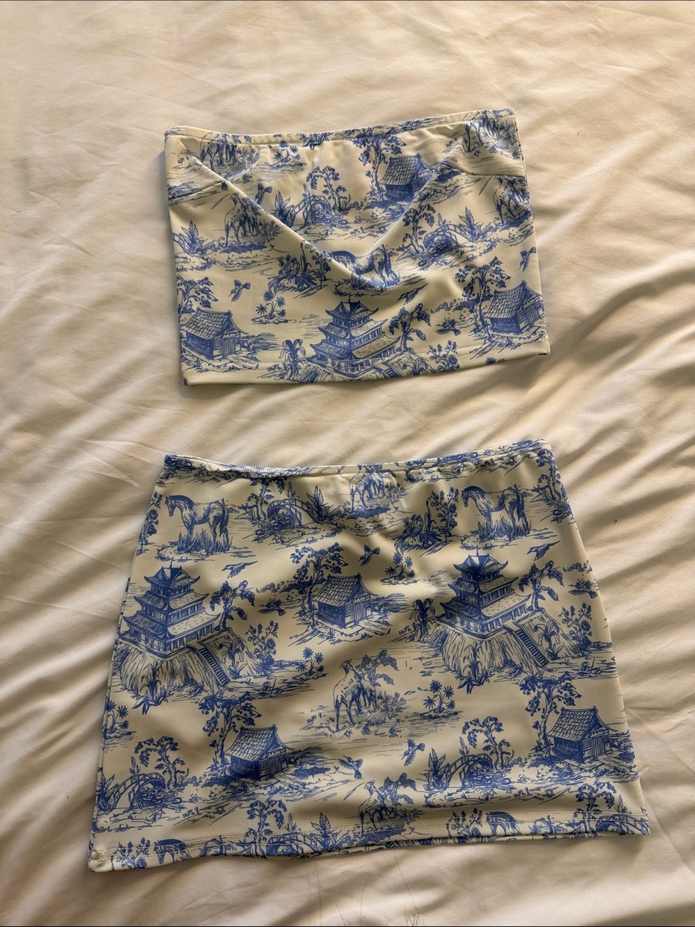Adiktd Blue and White Scenic Print Mini Skirt Set